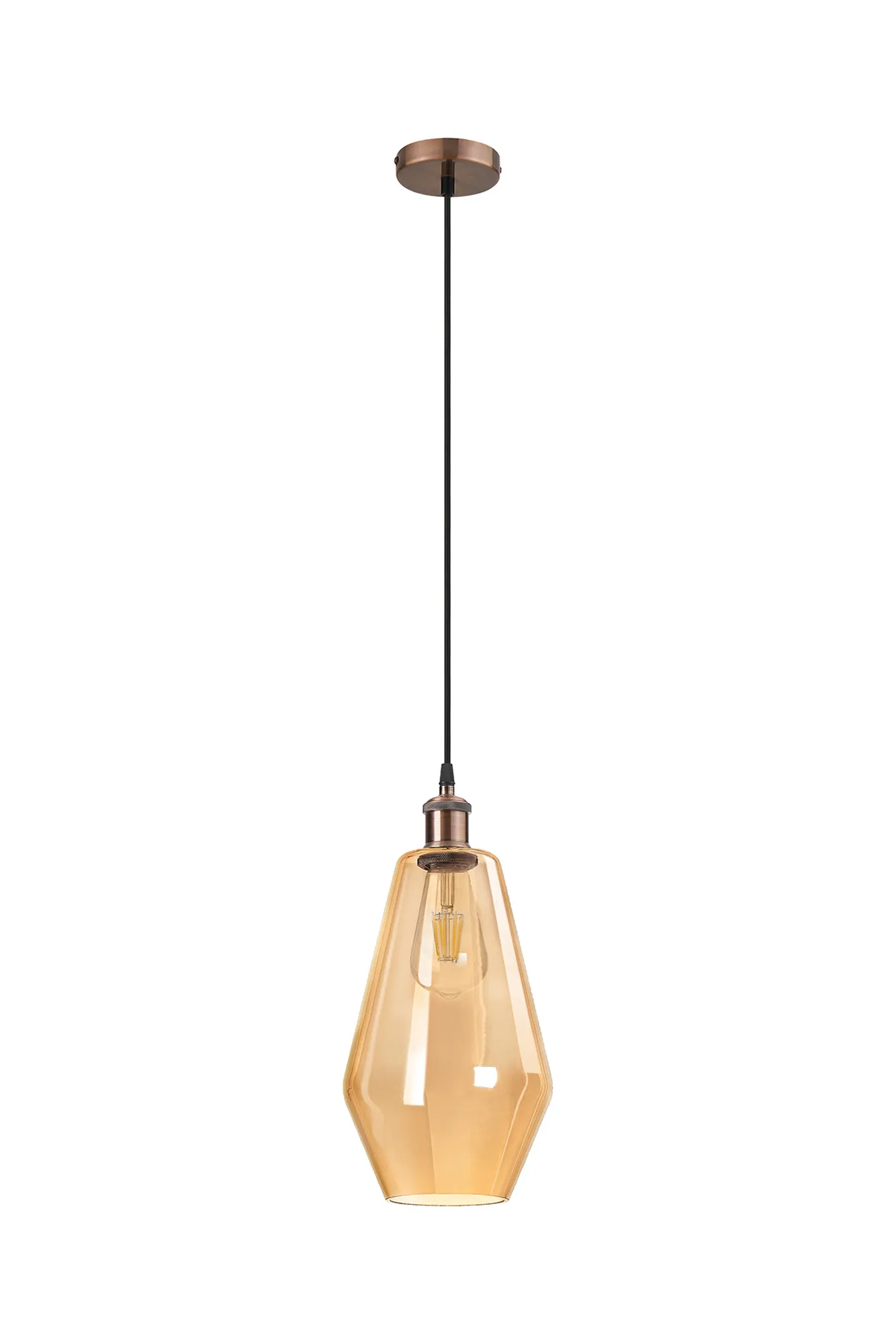 Cawdor Single Pendant, 1 Light E27, Antique Copper/Black/Amber Kite Glass DK1133  Deco Cawdor